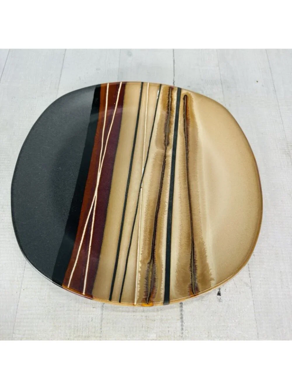 Home Trends BAZAAR BROWN Stoneware Square Tan Stripe Coupe Dinner Plate Set of 4